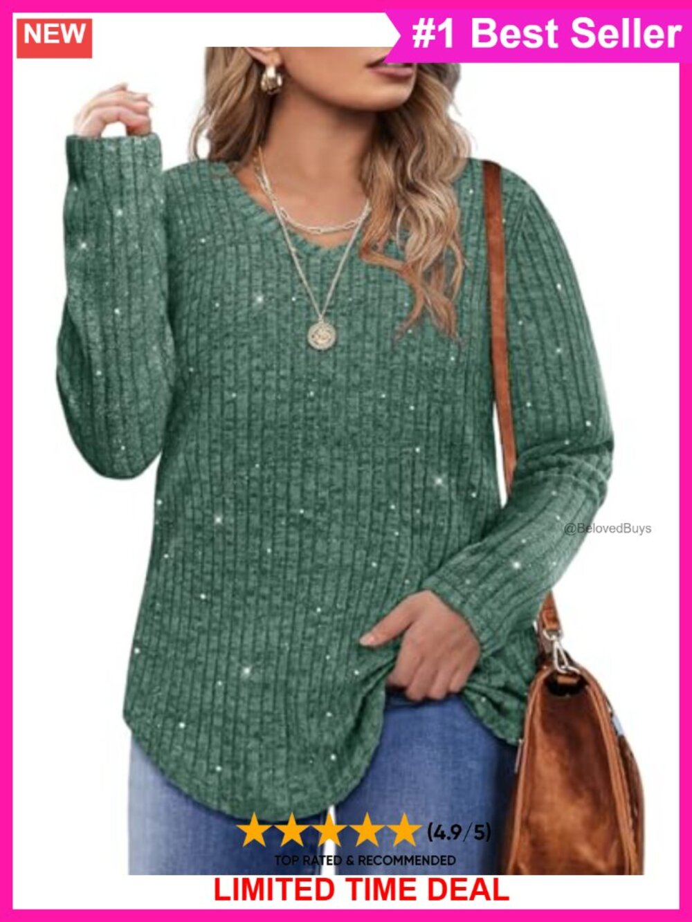 Plus Size Long Sleeve V-Neck Tunic Top Sequin Glitter Lightweight Sweater